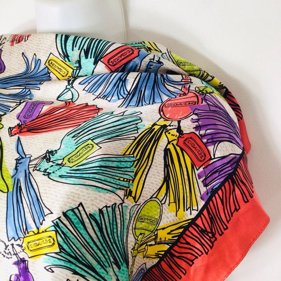 Coach Colorful Tassel Pattern Scarf silk women multi color designer - Picture 2 of 5